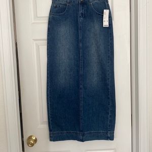 Denim maxi skirt. High waist-slim…fits like a size 2-4. New with tags.